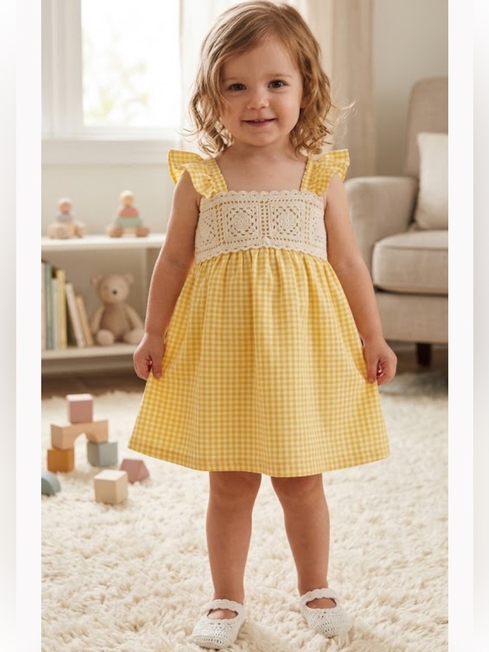 Zara Yellow Gingham Dress with Cream Crochet Trim
